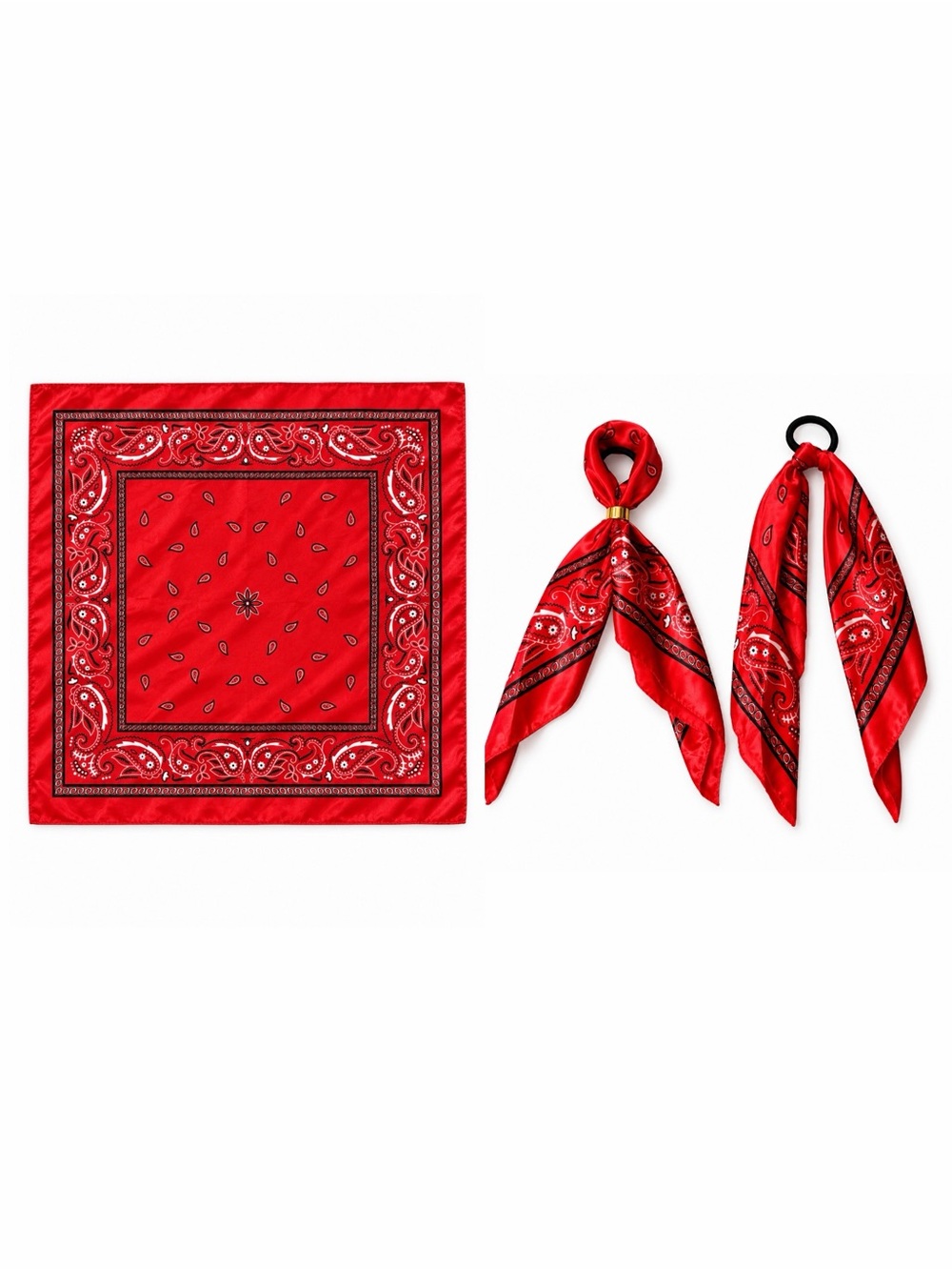 Red Black Bandana Handkerchief Paisley Boho Satin Bag Neck Scarf Hair Tie & Ring